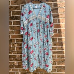 Zah Powder Blue V-Neck Lined Embroidered Kurta Dress with‎ Bishop Sleeves XXL